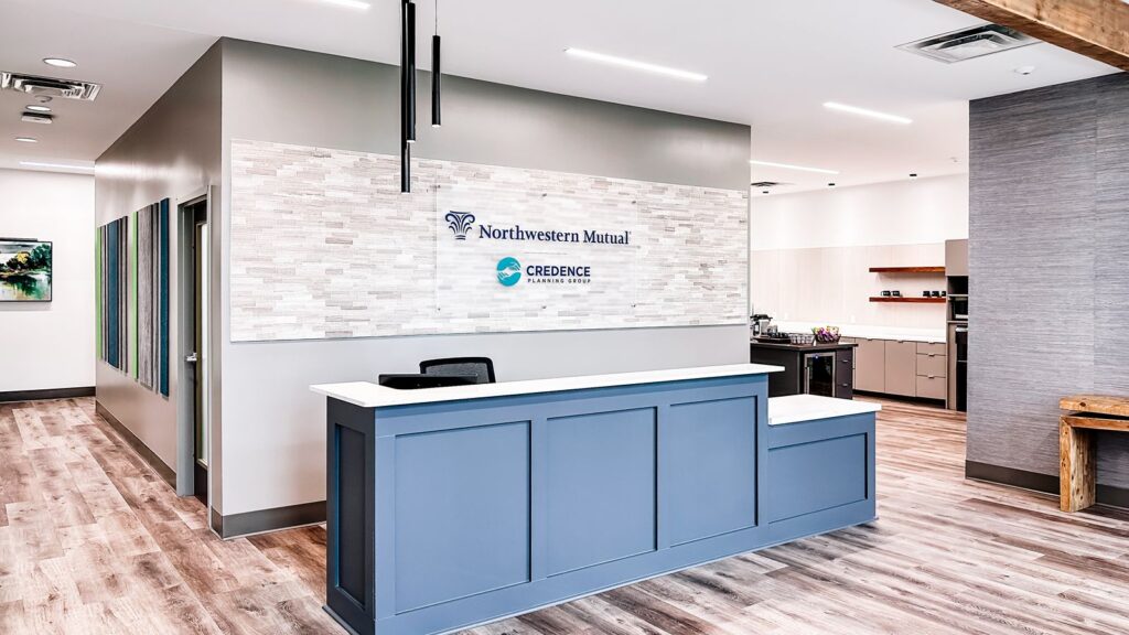 Reception area of Northwestern Mutual and Credence Planning Group’s new corporate financial planning office in Zionsville, Indiana, designed by commercial interior design firms.