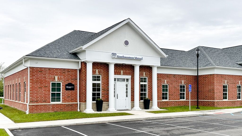 Exterior view of new Northwestern Mutual and Credence Planning Group office, a commercial construction project in the Stonegate Complex, Zionsville, Indiana.