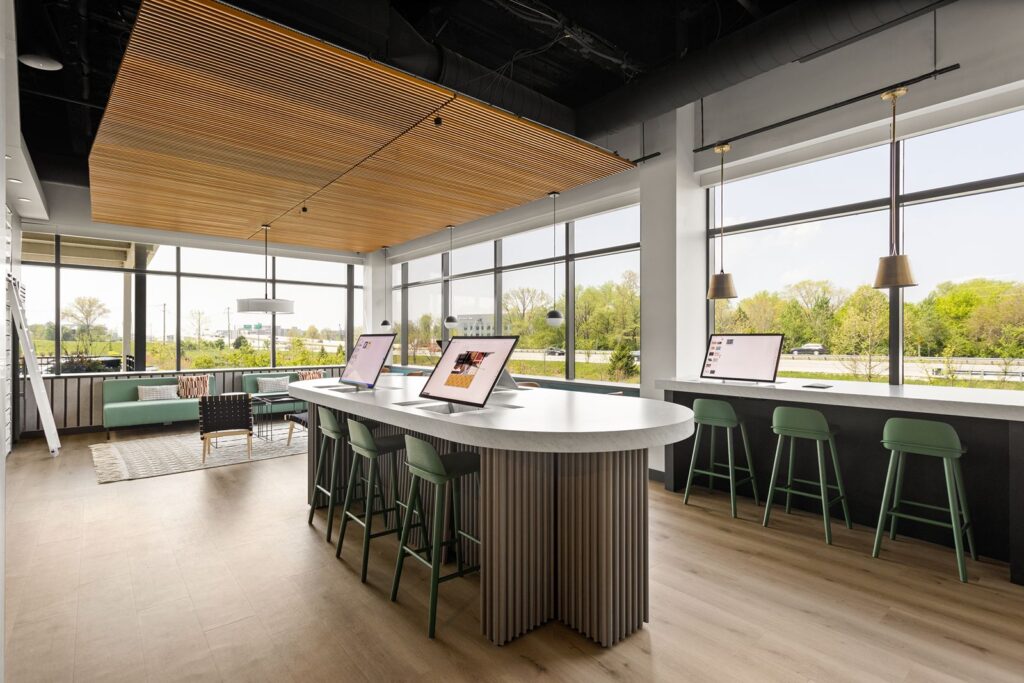 Close-up of ceiling detail with linear wood panels highlighting architectural design elements.