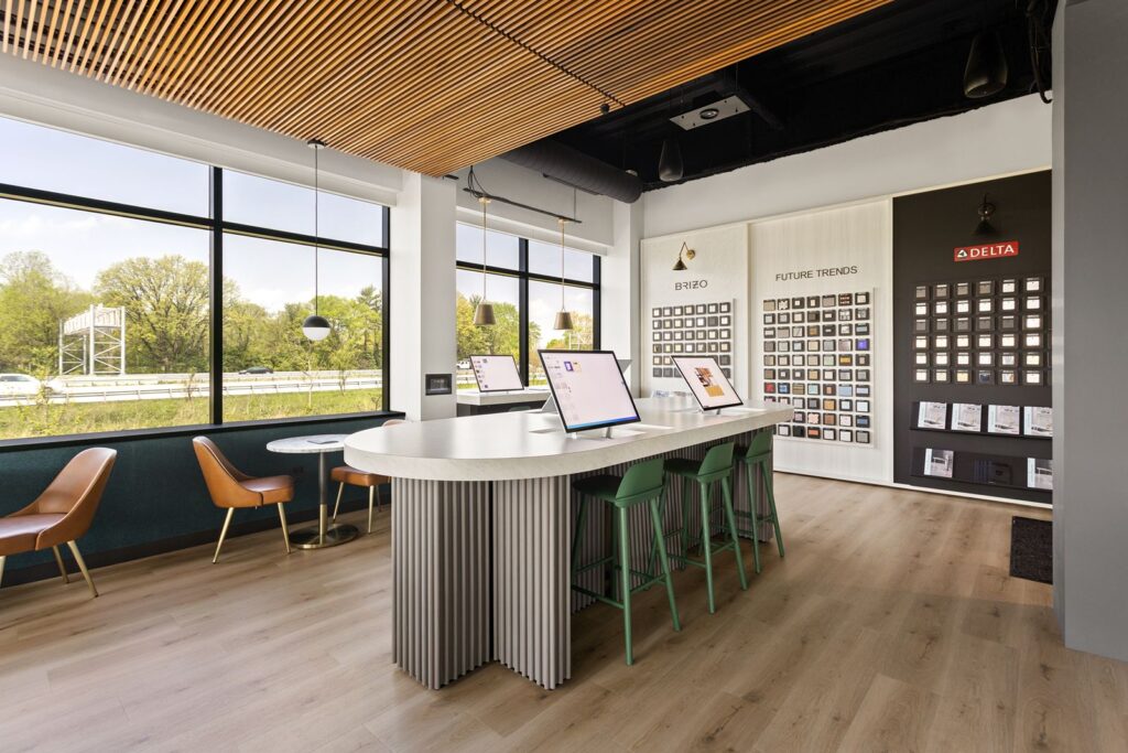 Wood-slatted ceiling detail adding warmth and texture to contemporary commercial interior design.