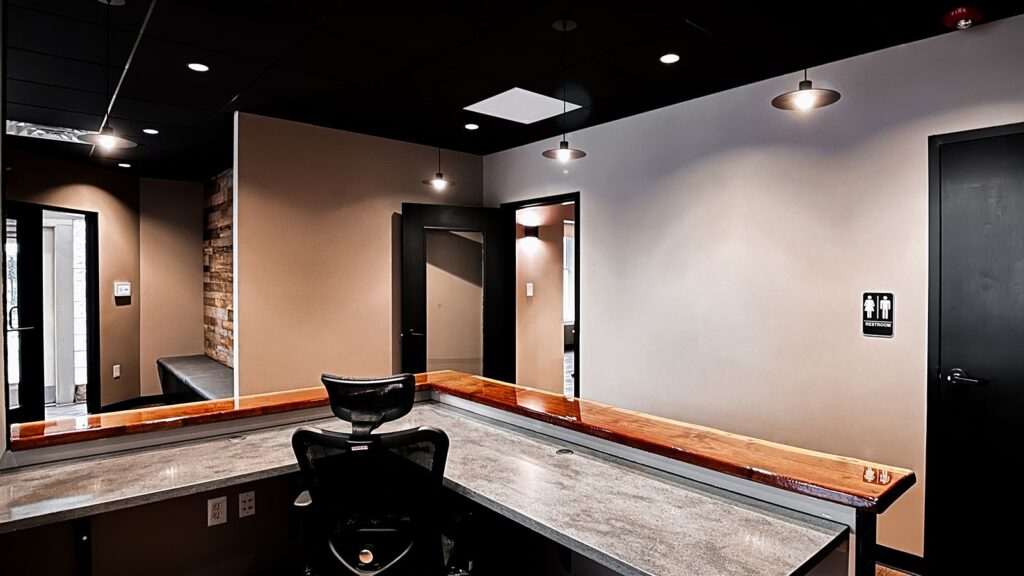 Waiting area and entryway showcasing warm wood tones and contemporary healthcare interior design.