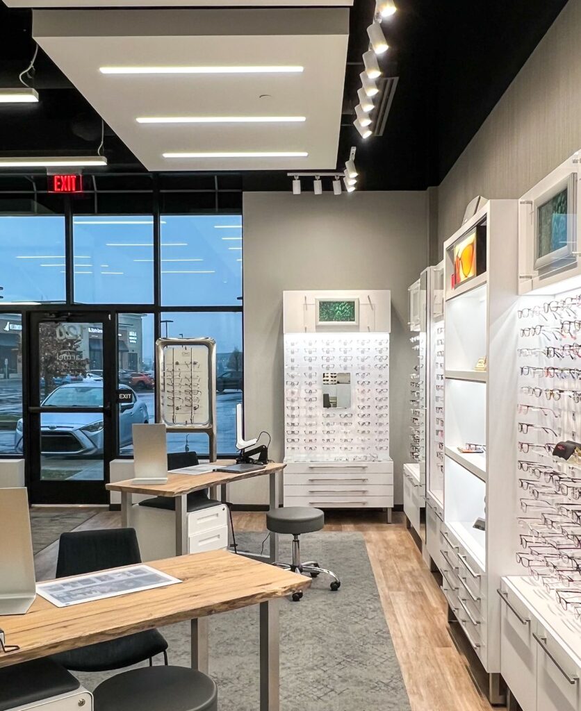 Entrance and reception zone featuring sleek lighting and contemporary medical office interior design.