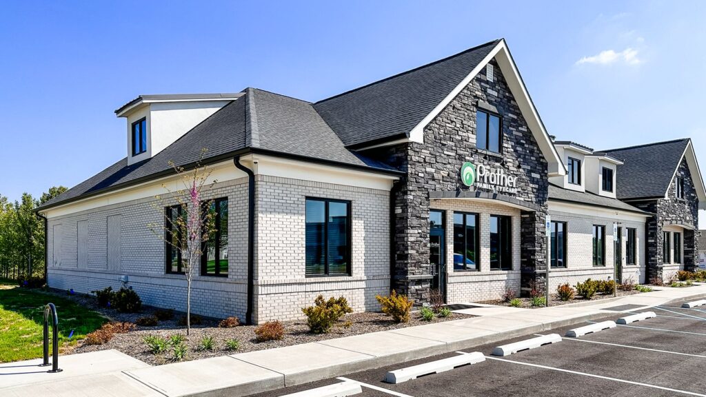 Side view of new optometry clinic construction in Noblesville, Indiana.