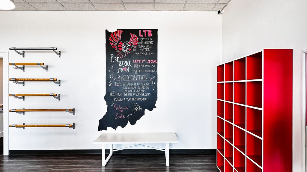 Studio wall featuring custom chalkboard artwork and red storage cubbies.