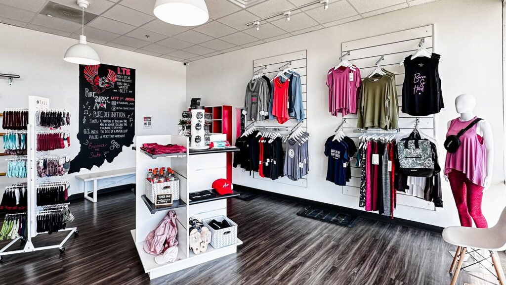 Retail space displaying Pure Barre apparel and merchandise.