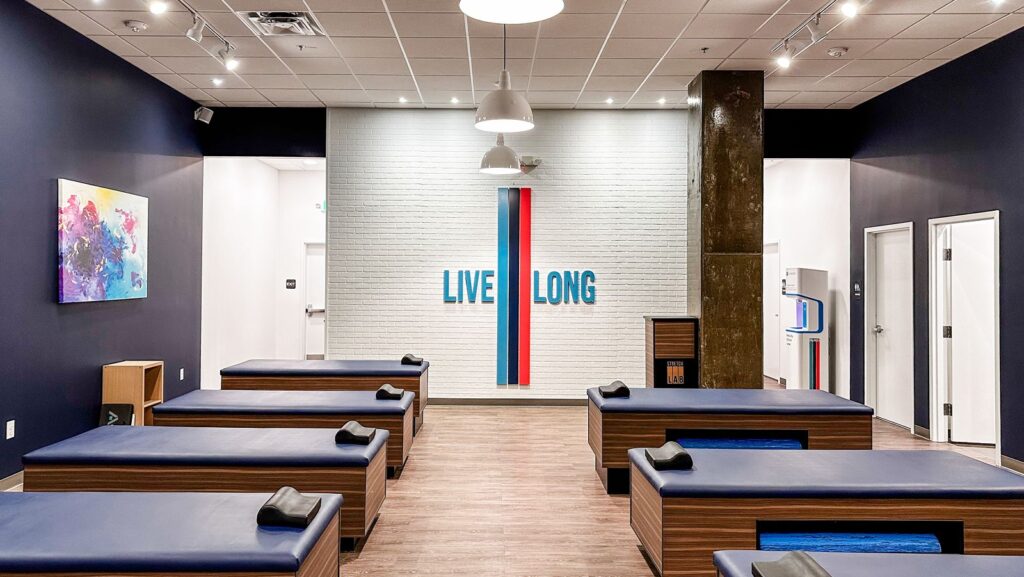 Open layout with high ceilings and exposed columns in the Bottleworks District.