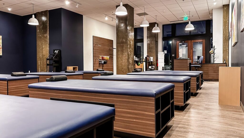 Open layout with high ceilings and exposed columns in the Bottleworks District.