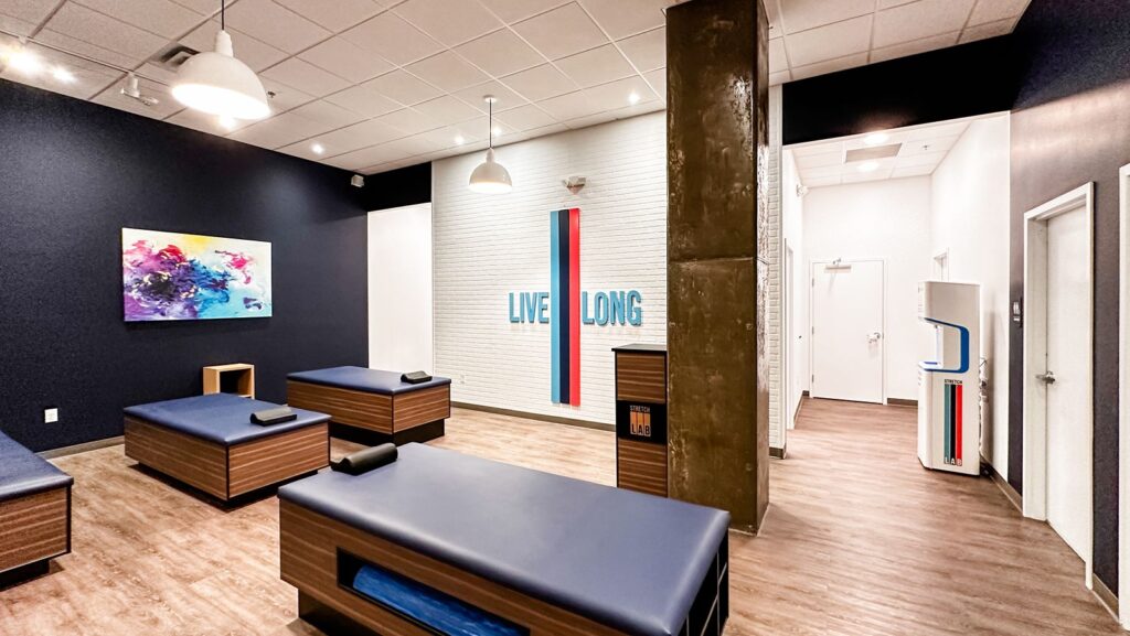 Studio interior showcasing 10 stretching stations and modern design.