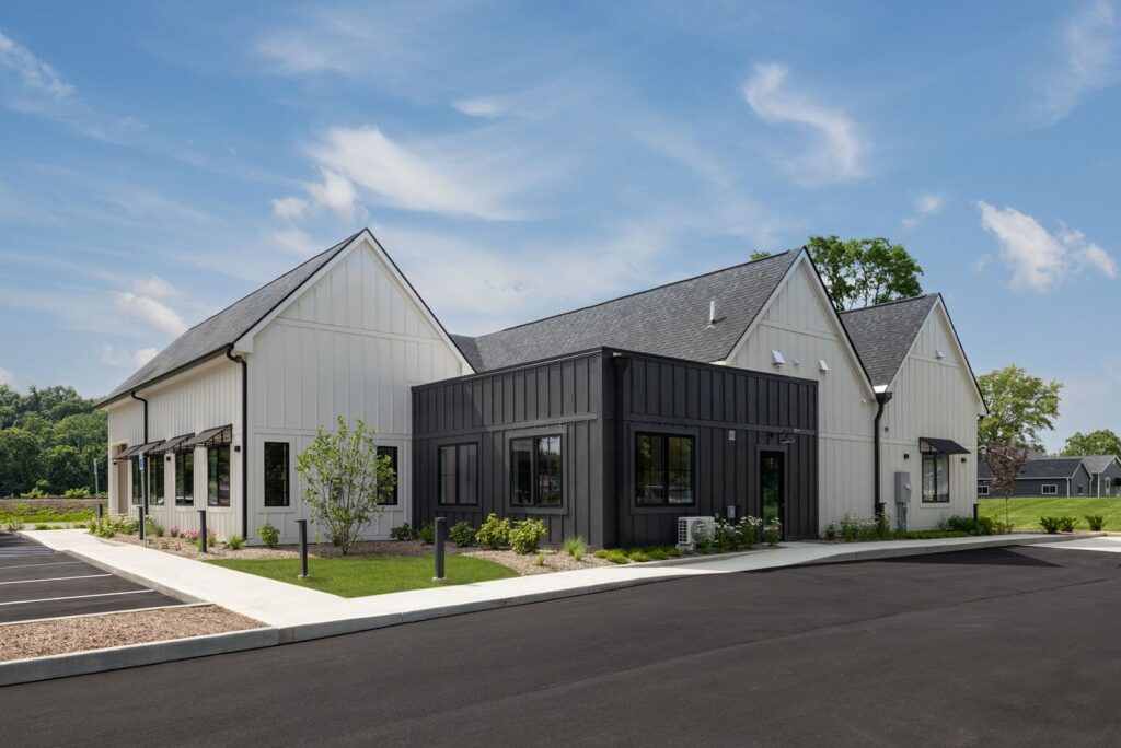Front and side view of completed dental clinic exterior designed by healthcare architects near Indianapolis.