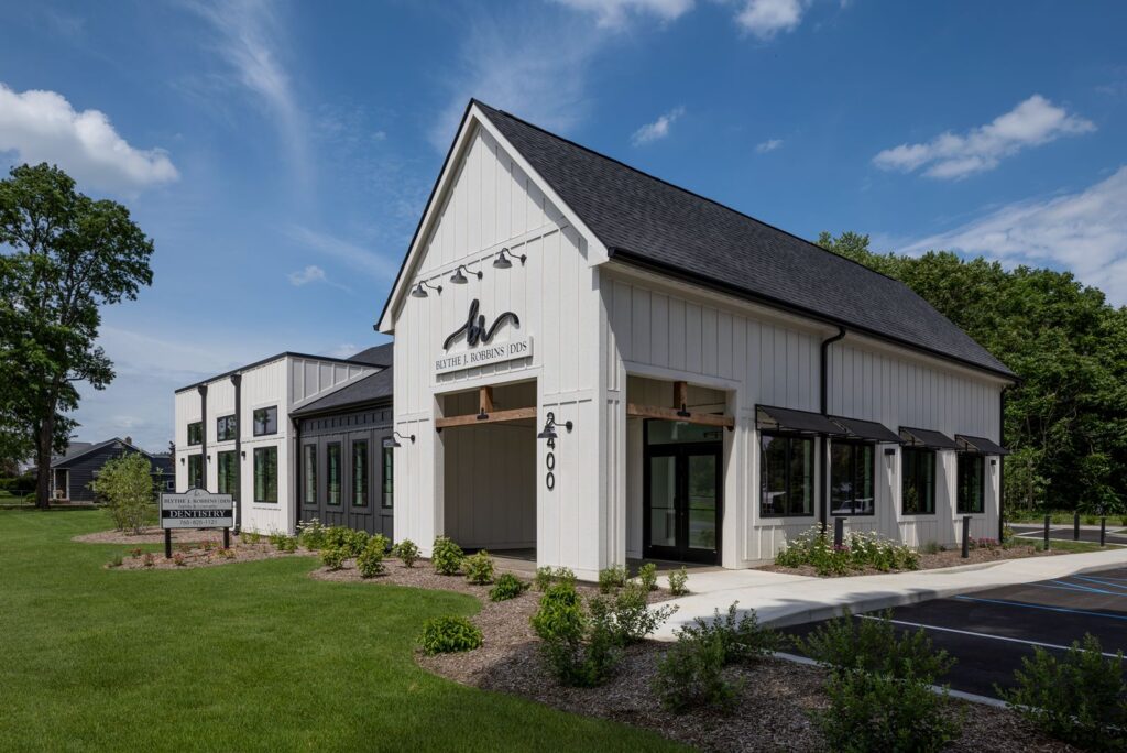 Exterior perspective of new construction dental office designed by commercial interior design firms near Indianapolis.