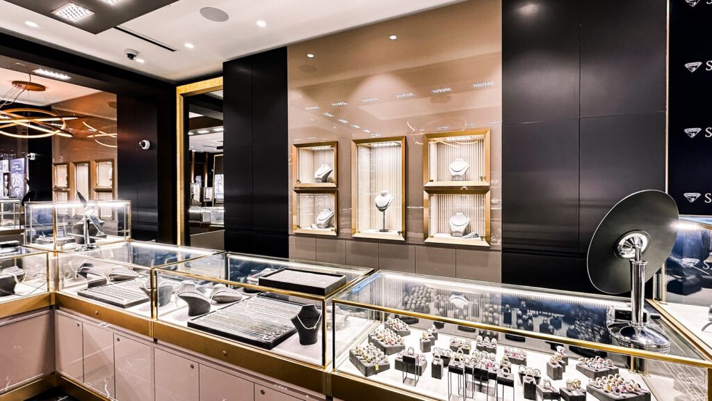 Modern retail lighting design highlighting diamond collections.
