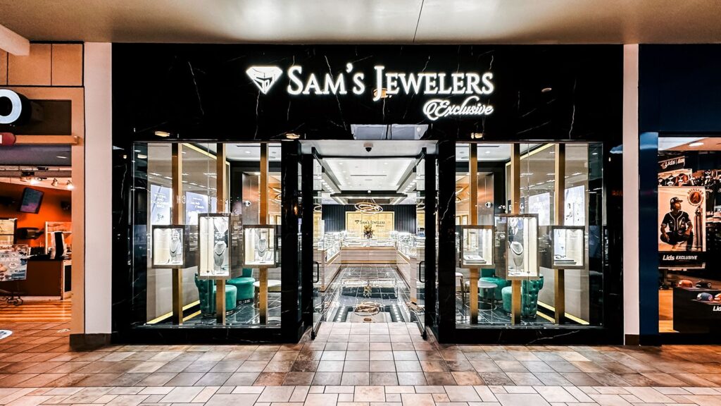 Entrance signage for Sam’s Jewelers inside Castleton Square Mall.