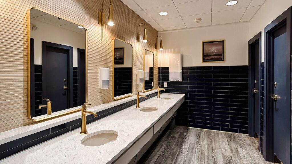 Navy and white restroom design with gold fixtures and framed artwork.