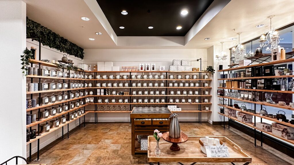 Product shelving showcasing a variety of teas and accessories.