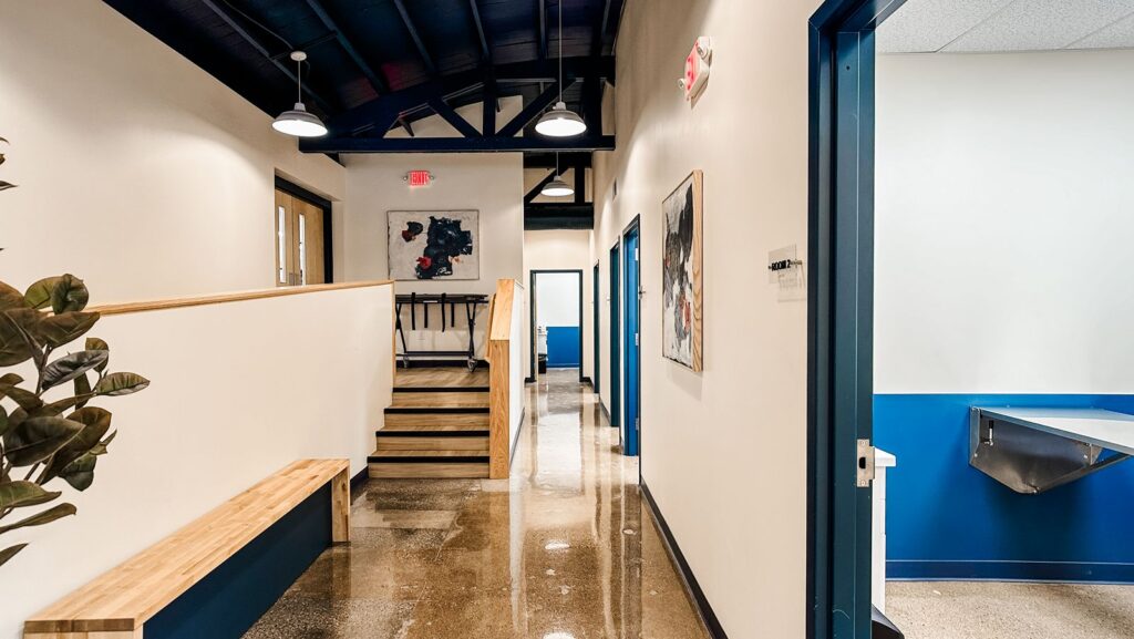 Treatment lab with stainless steel counters and organized workstations.