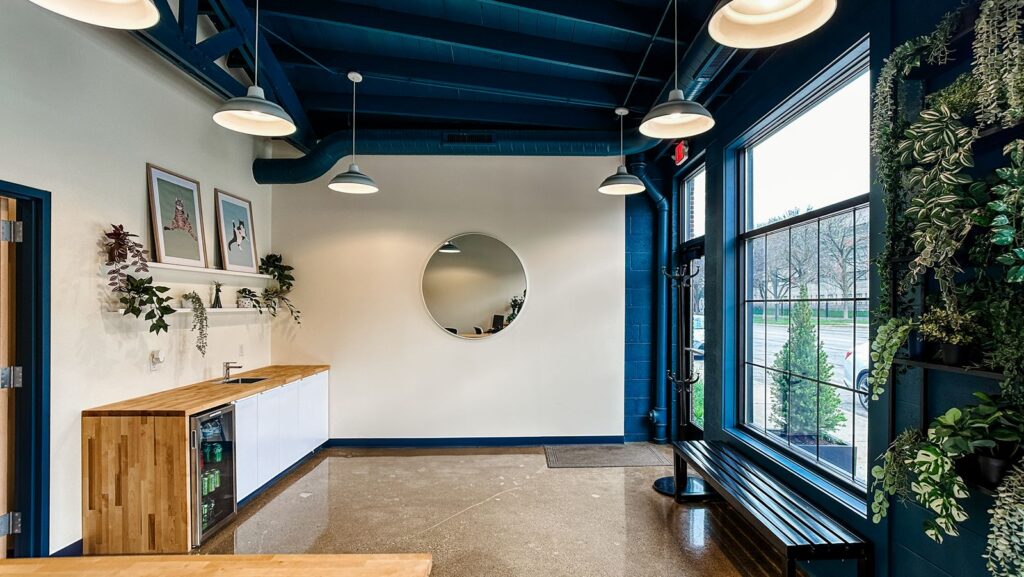 Lobby interior with blue accent walls and warm wood reception desk.