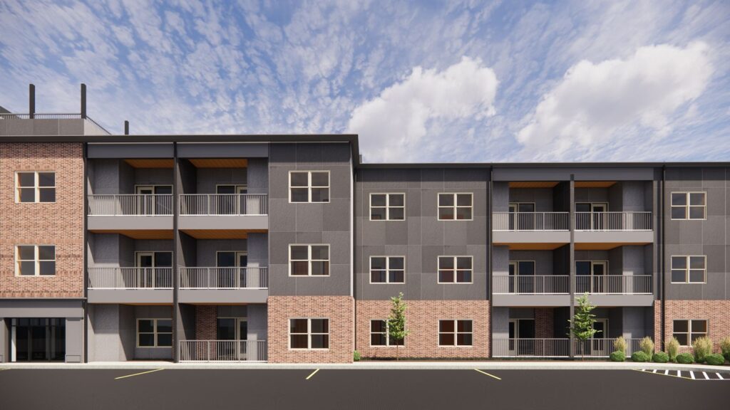 515 East apartment building exterior with brick and mixed materials, designed by Progress Studio