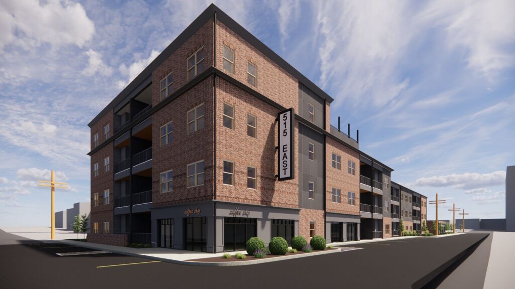 515 East multi-family affordable housing development, corner exterior view, downtown Elkhart Indiana